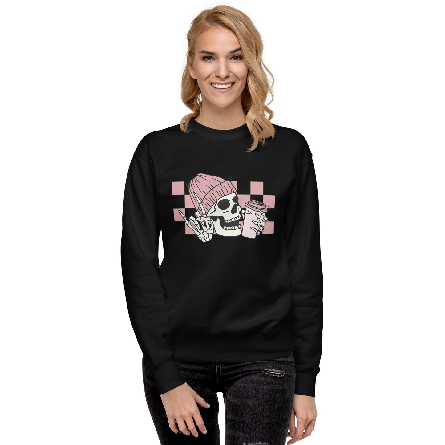 Pink Checkered Coffee Skeleton - Pullover Sweatshirt