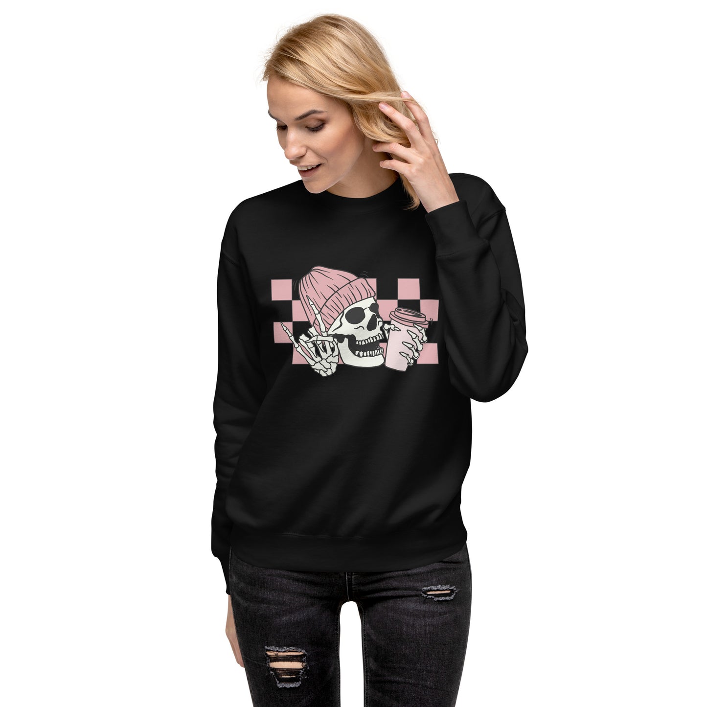 Pink Checkered Coffee Skeleton - Pullover Sweatshirt