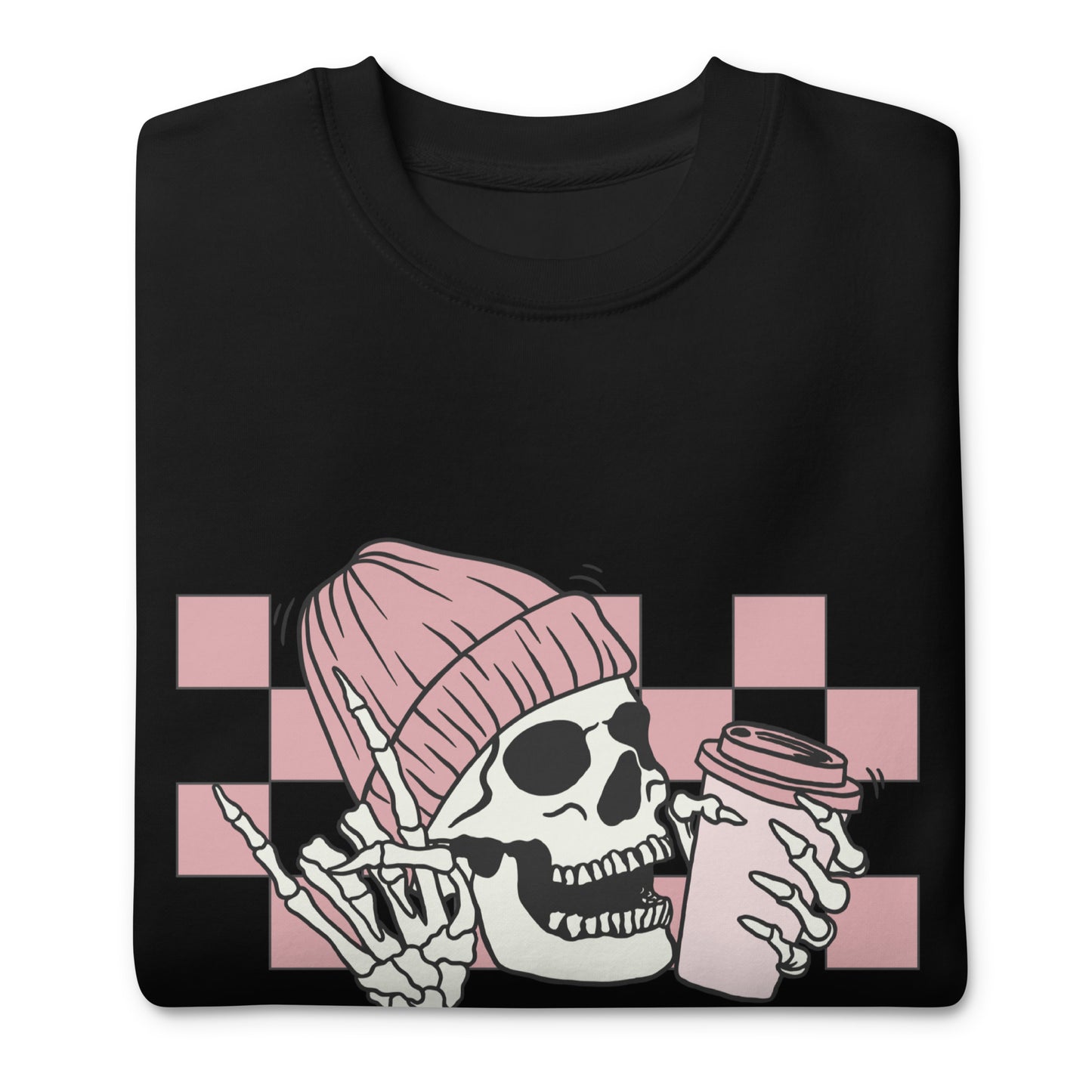 Pink Checkered Coffee Skeleton - Pullover Sweatshirt