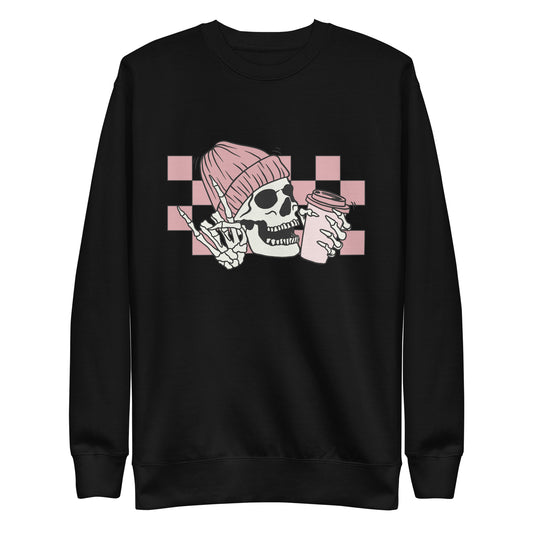 Pink Checkered Coffee Skeleton - Pullover Sweatshirt