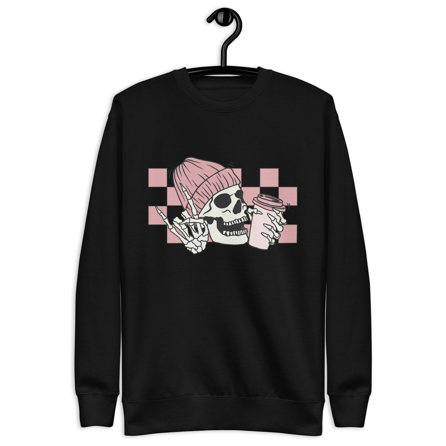 Pink Checkered Coffee Skeleton - Pullover Sweatshirt