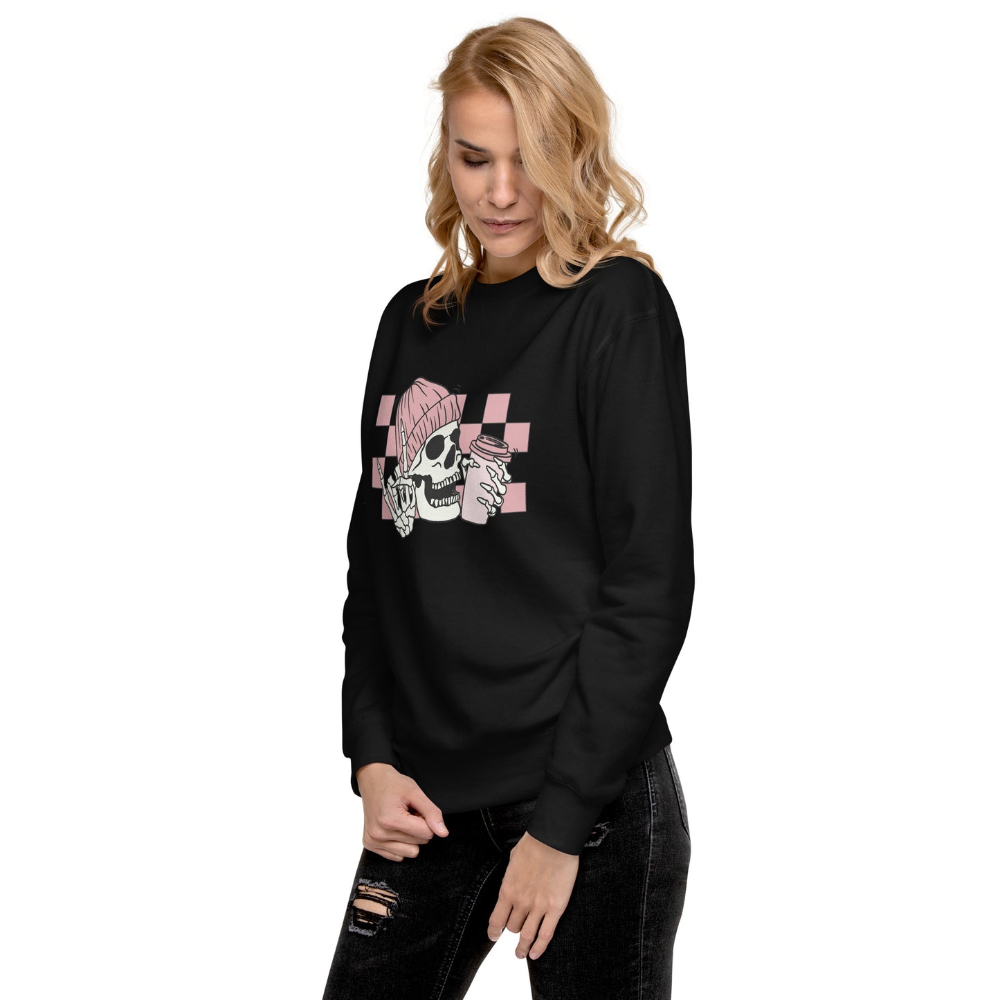 Pink Checkered Coffee Skeleton - Pullover Sweatshirt