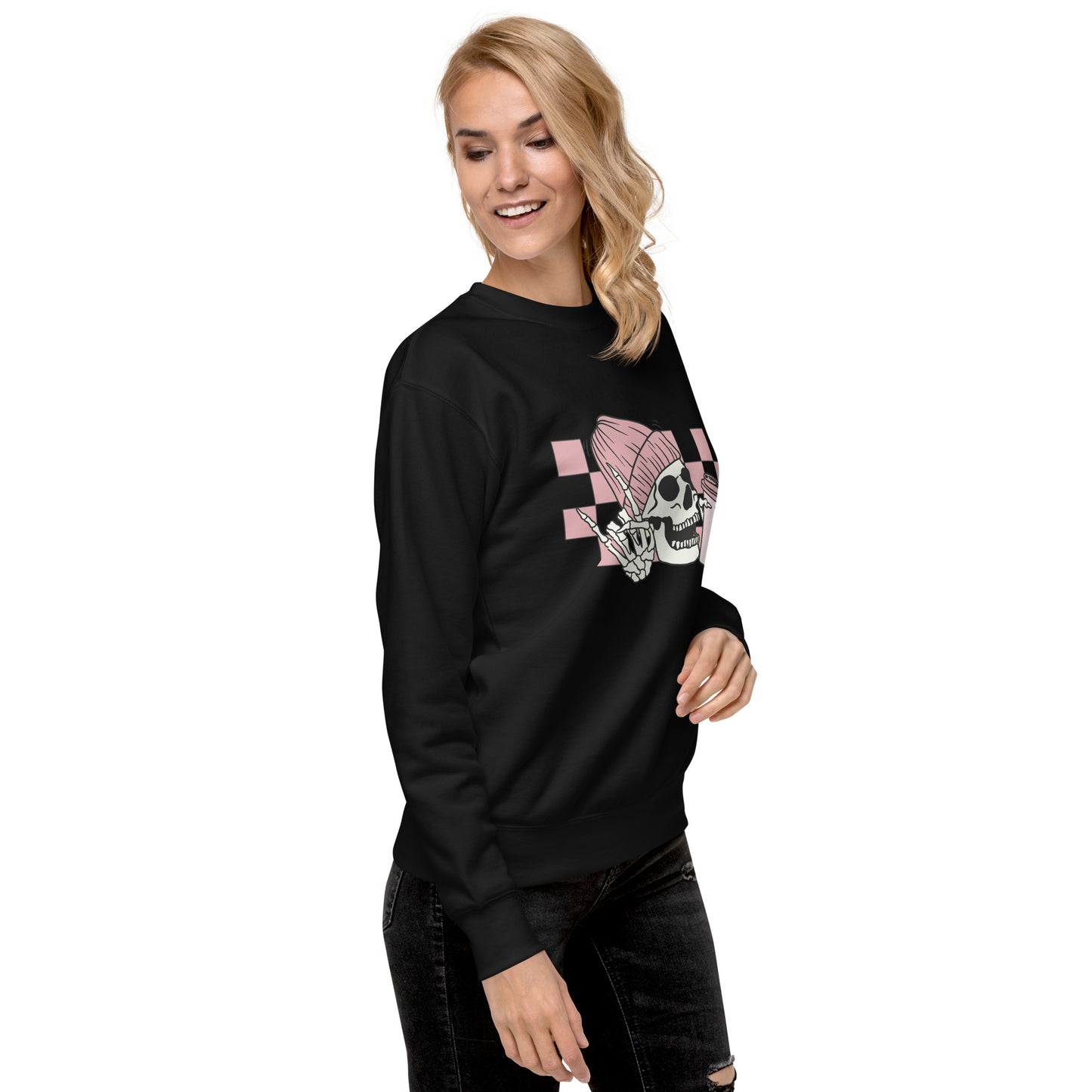 Pink Checkered Coffee Skeleton - Pullover Sweatshirt