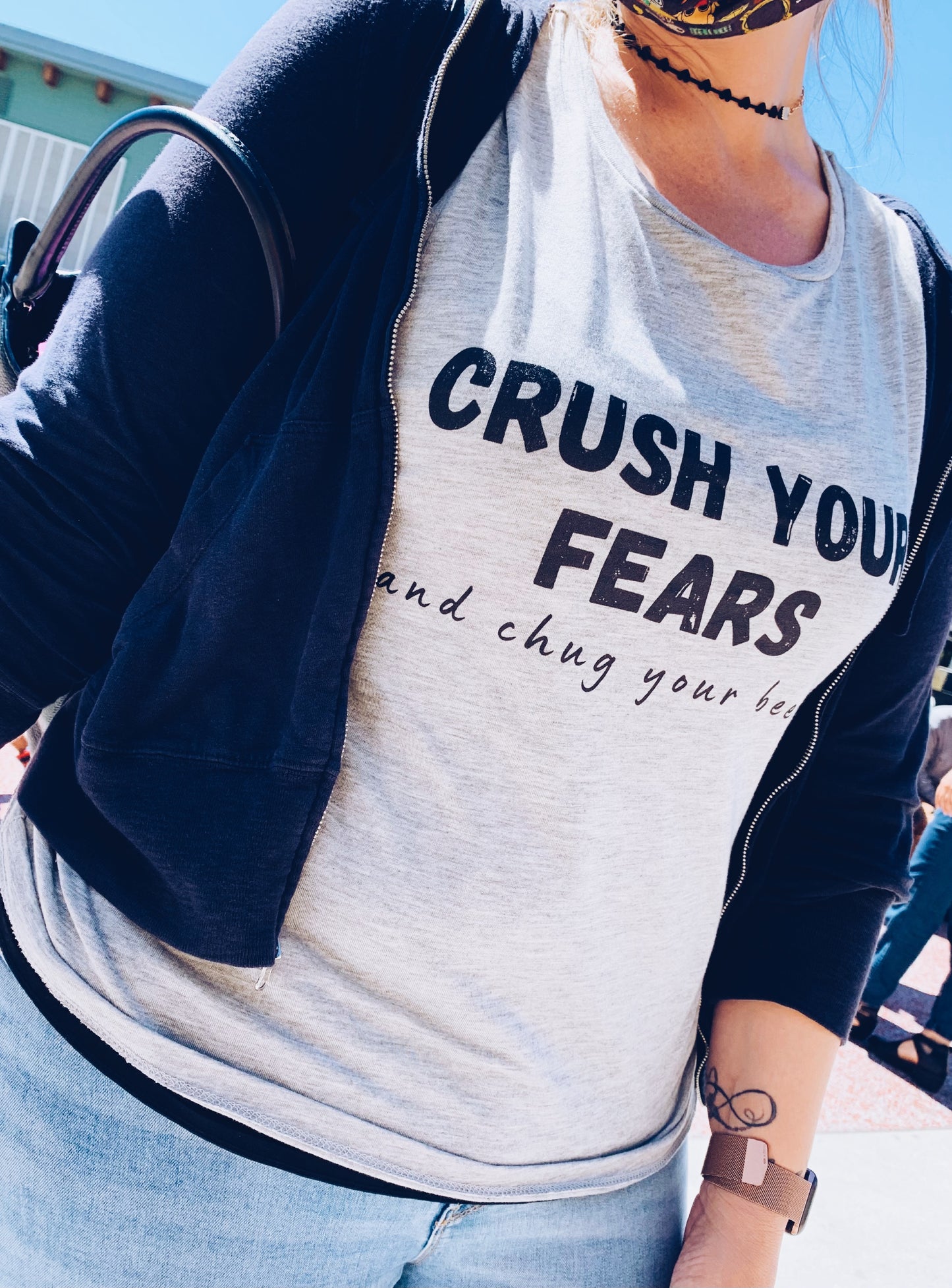 Crush Your Fears & Chug Your Beers Ladies’ Muscle Tank (3 Color Options)